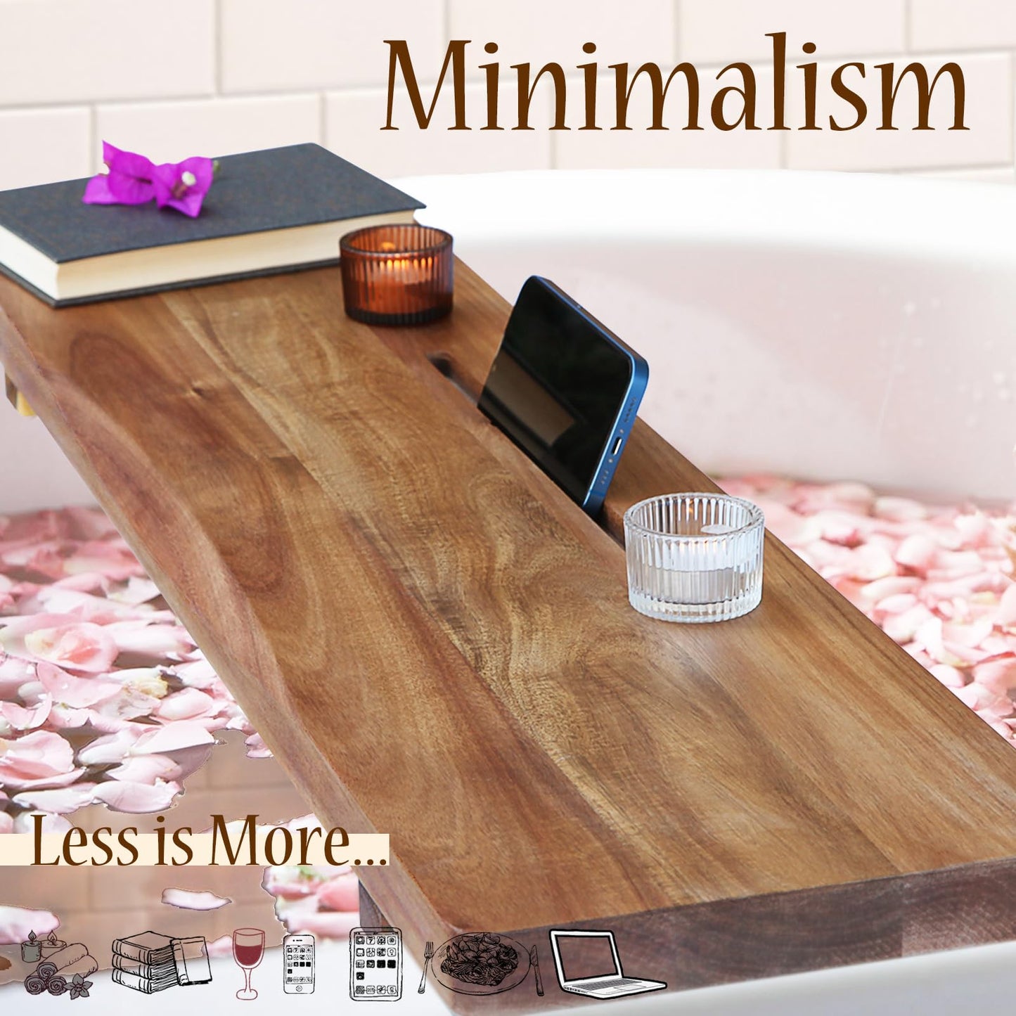 Premium 1.2IN Thickened Board Acacia Wood Bathtub Tray Caddy with Adjustable Legs, Minimalistic Design Bath Tray for Tub, Bathtub Accessories, Fits Most Free Standing Bath Tubs, Idea for Women