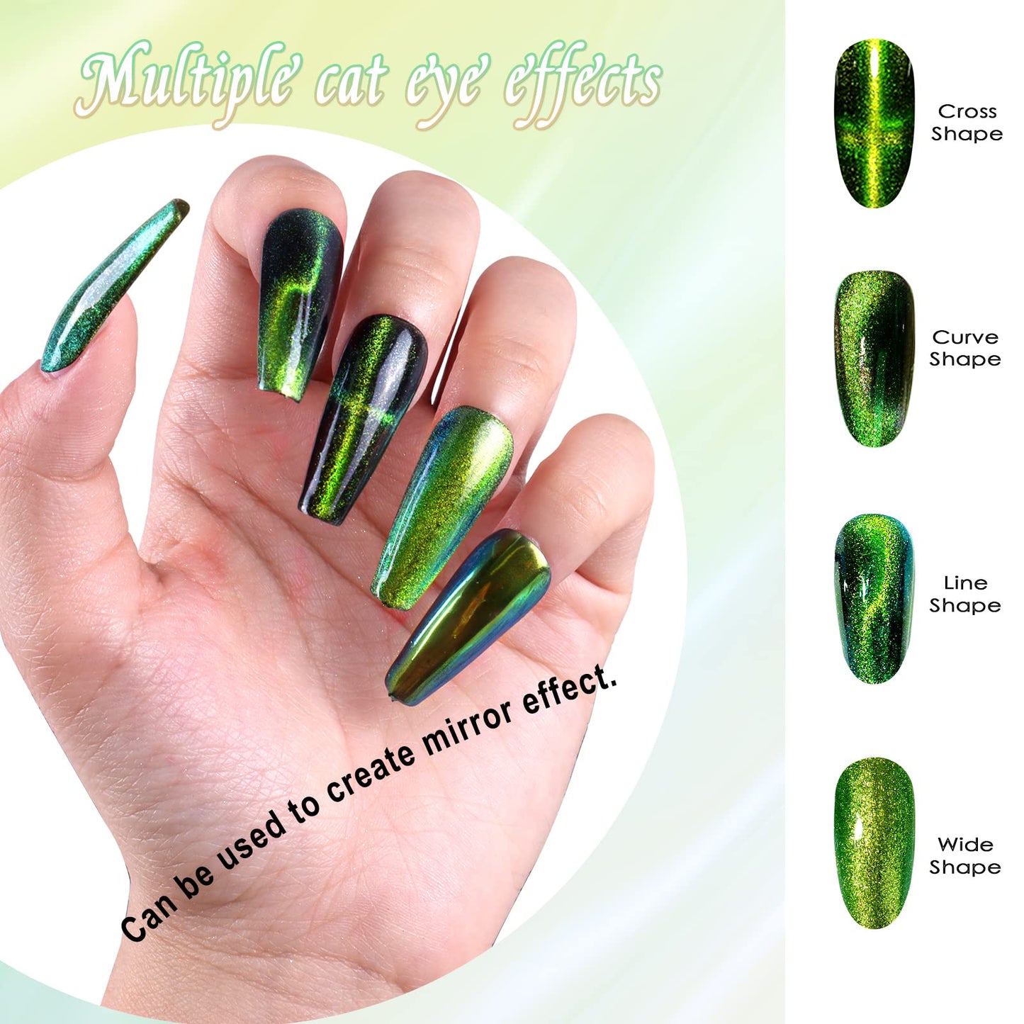 Laza Cat Eye Chrome Nail Powder Chameleon Magnetic Powder 9D Cat Eye Effect Mirror Effect Pigment Dust Magic Galaxy Holographic Effect Glitter with Magnetic Stick for Velvet Nail Art - Gold Jadeite