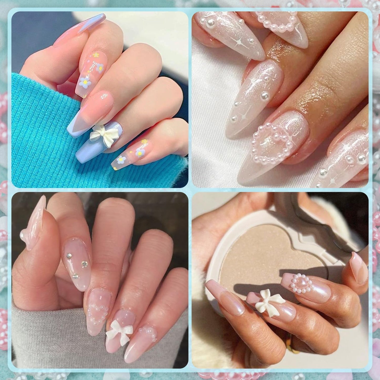 600Pcs 3D Multi Shapes Nail Charms and Flatback Pearls, Beige Mix Styles Heart Star Bow Sunflower Embellishments for Nail Art, Craft and Decoration with Glue Gel, Tweezer and Pickup Pencil