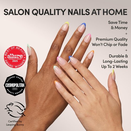 Glamnetic Press On Nails - Sprinkles | Rainbow French Tip Fake Nails, UV Finish Short Pointed Almond Shape, Salon Quality Semi-Transparent Nails in 12 Sizes - 24 Nail Kit with Glue