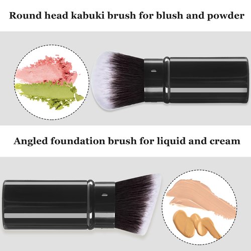 Keriloo Retractable Kabuki Makeup Brush, 2 Pack Travel Angled Powder Foundation Blush Brush Set for Blending Liquid, Bronzer, Buffing, Concealer, Blush, Highlighter, Flawless Cosmetics
