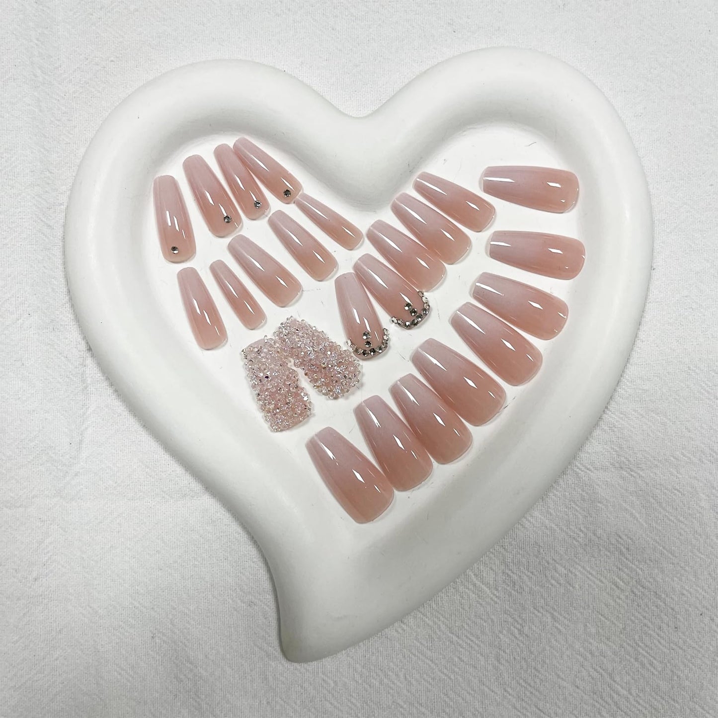 Diamond Press on Nails Medium Square Fake Nails Pink Glue on nails Gradient False Nails with Design Rhinestone Stick on Nails Full Cover Glossy Acrylic Nails for Women and Girls Manicure 24pcs