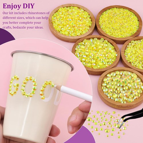 Resin Jelly Rhinestones for Crafting with B7000 Jewelry Glue, 1 Box Lemon Yellow AB Flatback Crystal with 3Pcs 10ml Glue, Bedazzling Non Hotfix Gems for DIY Tumblers Clothing Shoes Manicure