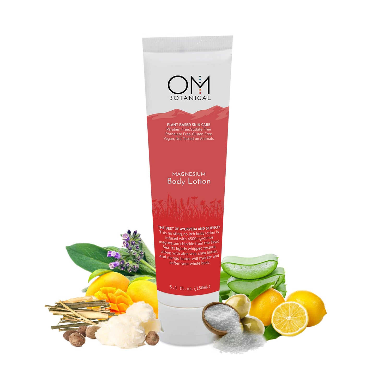 Magnesium Body Lotion by OM Botanical, No Sting, No Itch, All-natural Magnesium Cream & Organic Body Butter | Hand and Foot Cream in a Large 150ml Sugarcane Tube