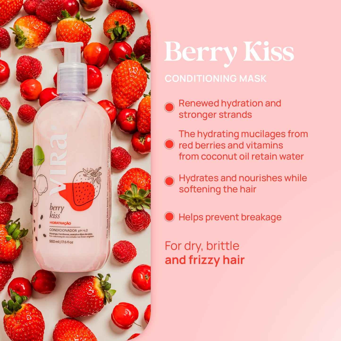 VIRÁ Brazilian Shampoo & Conditioner Set - Deep Moisturizing Treatment for All Hair Types | Hydrating Strawberry & Raspberry 17.6 Fl Oz Each