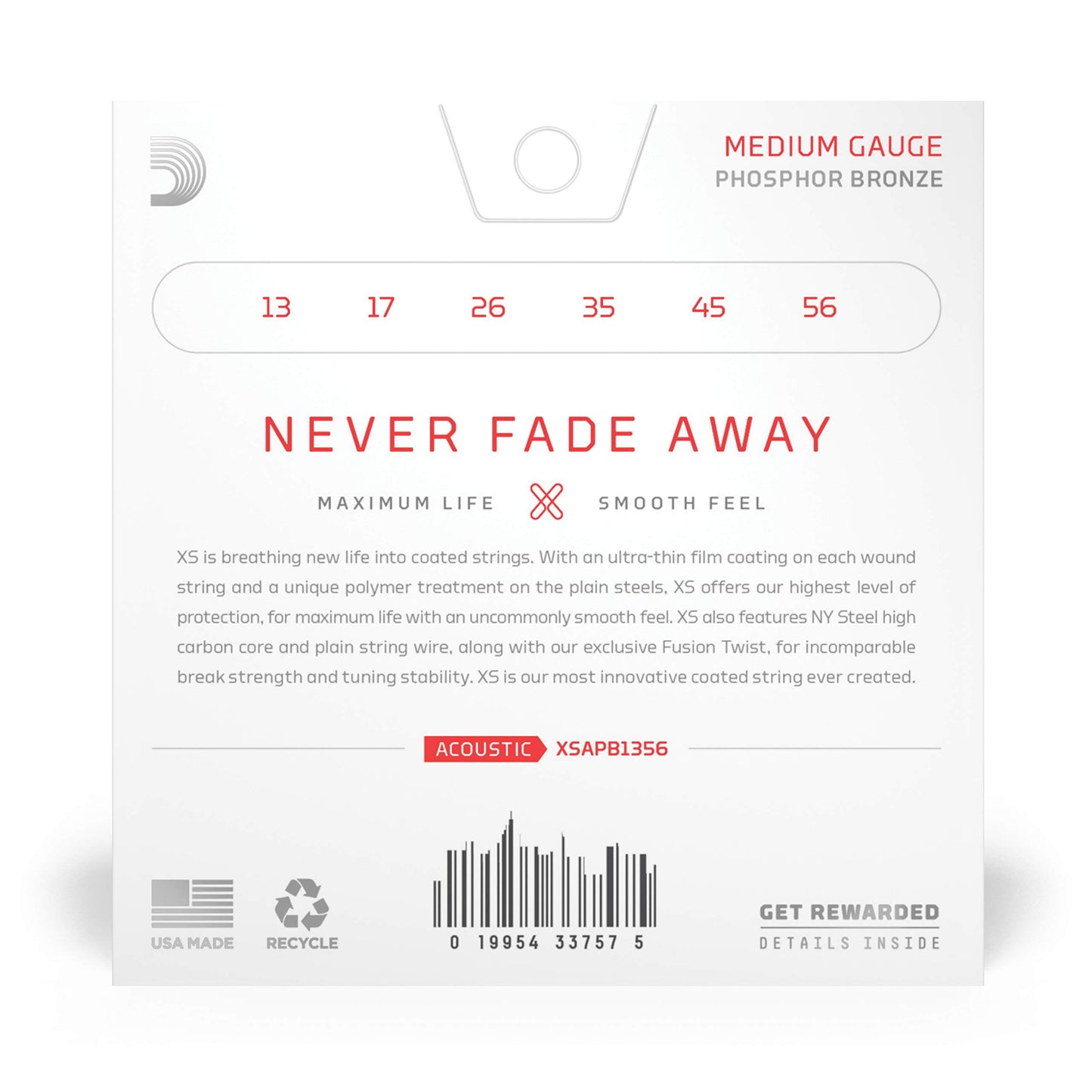 D'Addario Acoustic Guitar Strings, XS Phosphor Bronze Coated, XSAPB1256, Light Top/Medium Bottom Gauge 12-56, 6-String Set, Pack of 1