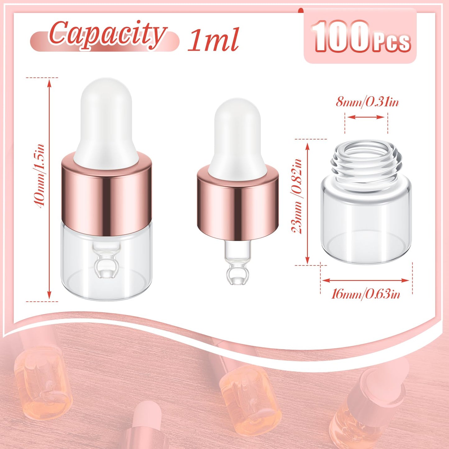 Didaey 100 Pcs Mini Glass Oil Dropper Bottle Bulk, 1 ml Rose Gold Clear Essential Small Empty Bottles Sample Containers Perfume Liquid Vials with Cap for Traveling