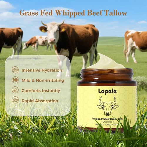 Lopeie Beef Tallow for Skin - Organic Grass-Fed Whipped Moisturizer with Honey Balm | Hydrating Cream for Face & Body (4.23oz, Unscented)
