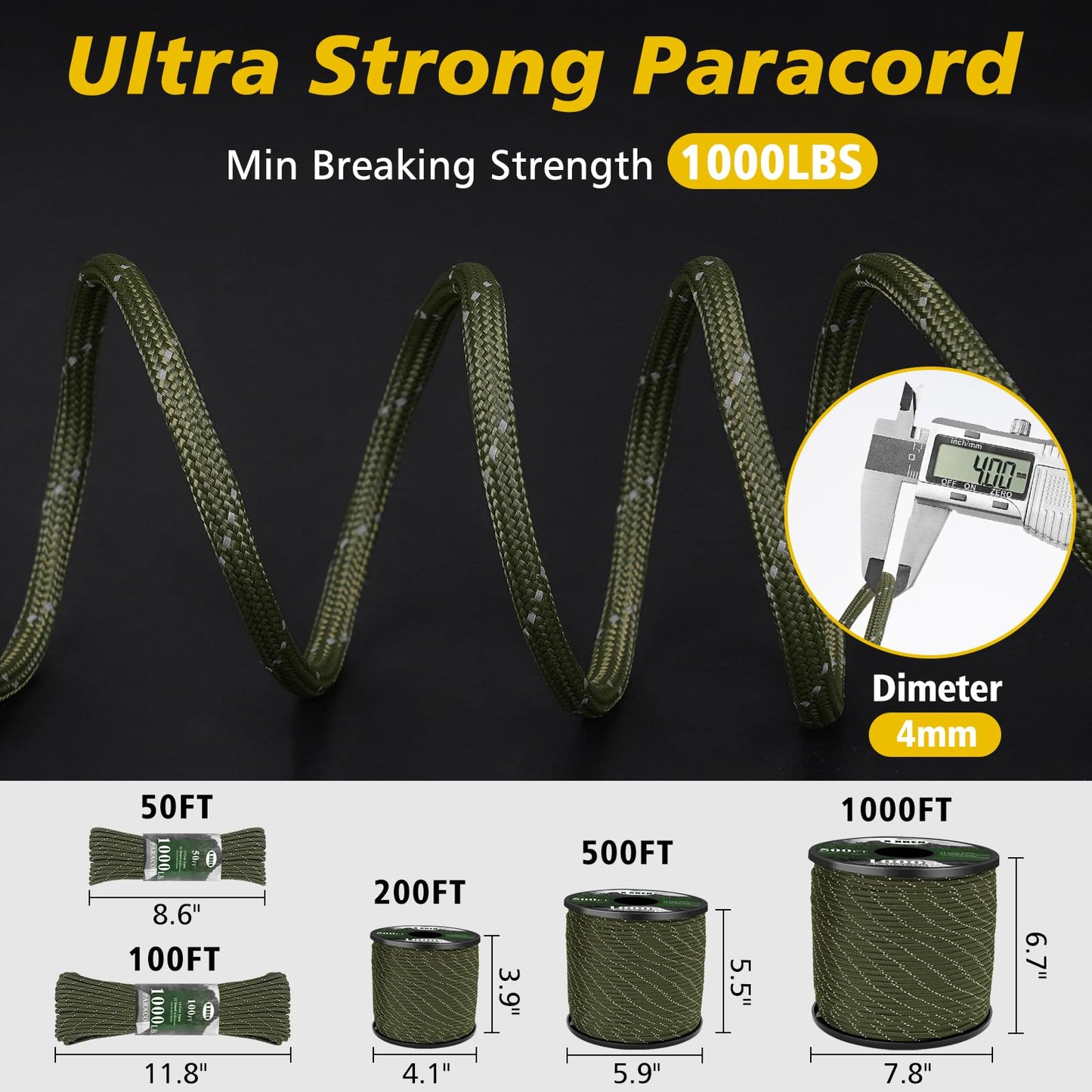 X XBEN Paracord Reflective 1000lb, 50/100/200/500/1000ft 4mm, 13 Strand Paracord Rope, Tactical Parachute Cord for Camping, Fishing, Clothesline, Hammock, Tent & Survival Bracelet, Army Green