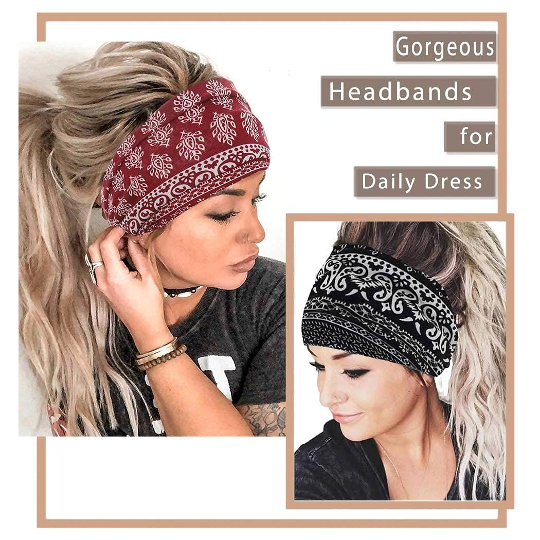 Yeshan Women's Wide Boho Knotted Non-Slip Turban Headwraps - Stretchy Bandeau Hair Bands for Sports, Yoga, Workouts, Pack of 8