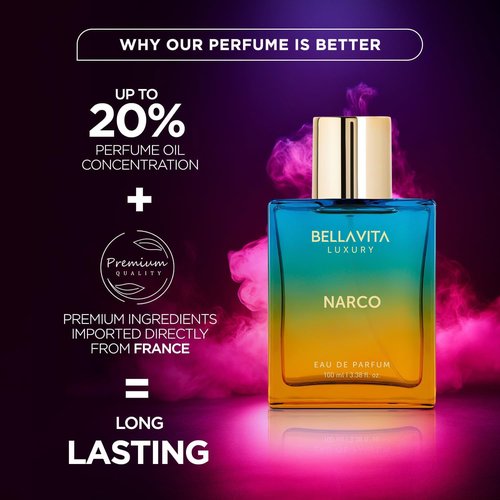Bellavita Luxury Narco Eau de Parfum | 100 ml (3.4 fl.oz.) | Perfume for Men and Women | Floral, Bergamot, Jasmine, and White Musk Notes | Long Lasting Unisex Fragrance