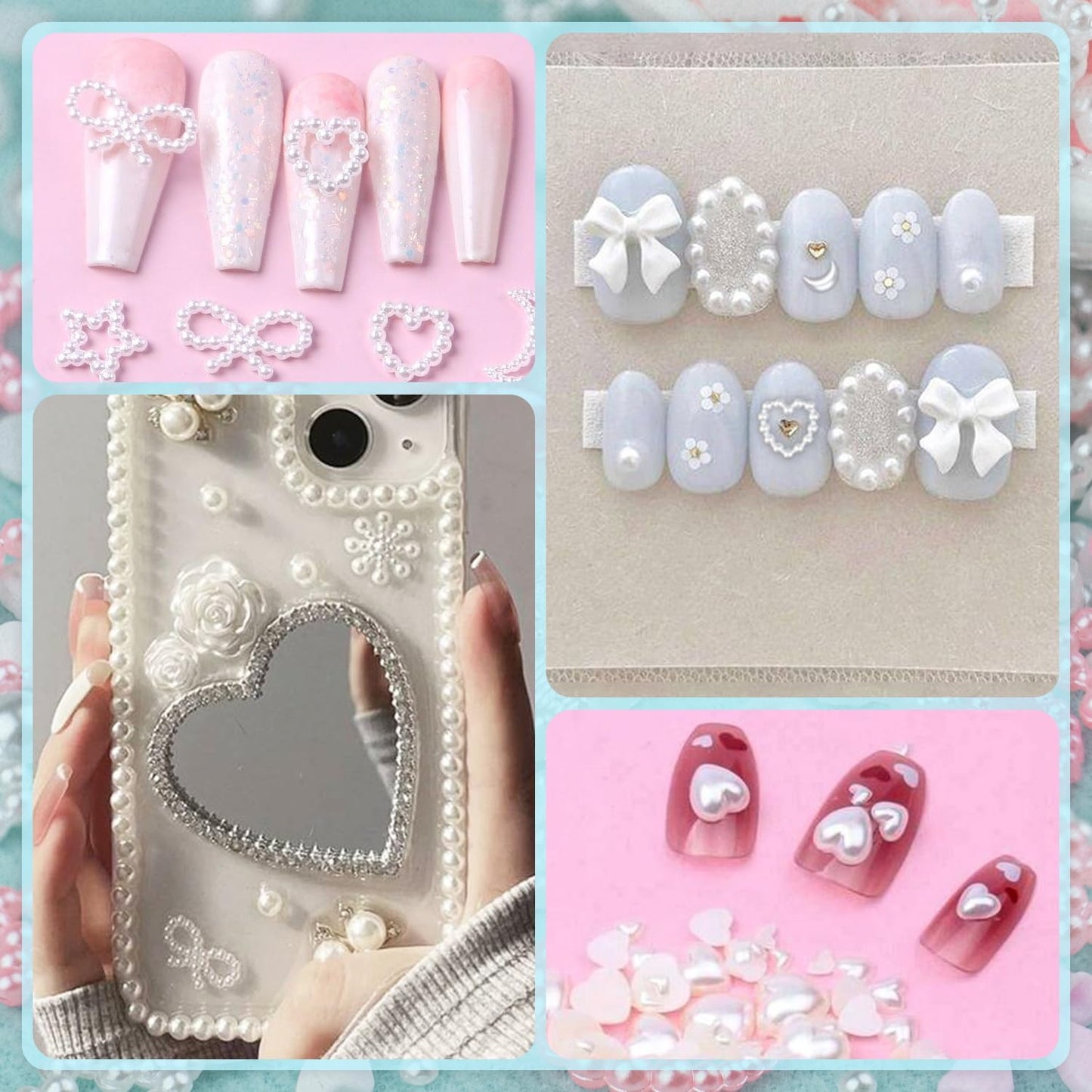 600Pcs 3D Multi Shapes Nail Charms and Flatback Pearls, Beige Mix Styles Heart Star Bow Sunflower Embellishments for Nail Art, Craft and Decoration with Glue Gel, Tweezer and Pickup Pencil
