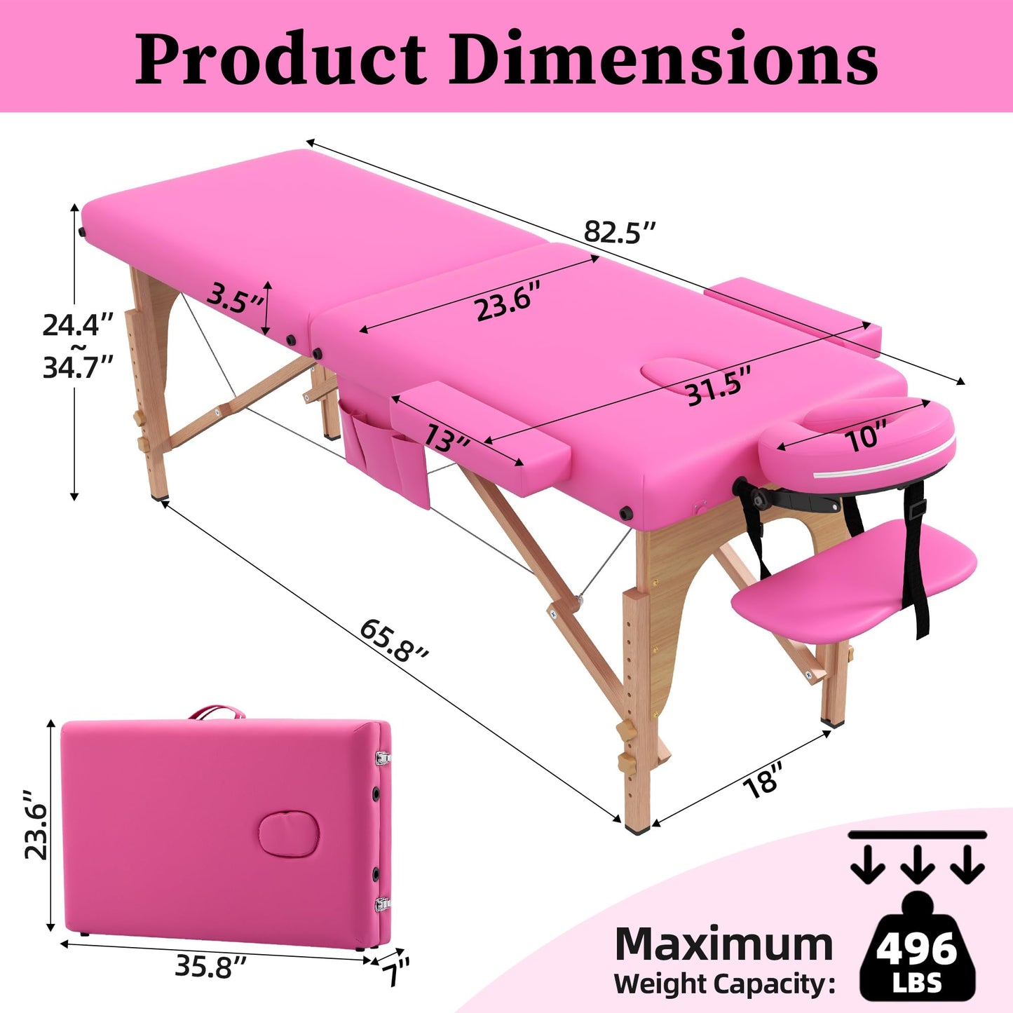 civama Massage Table Massage Bed Portable, 29 LBs Light Weight 2 Section Foldable Tattoo Bed Facial Care Spa Lash Bed Height Adjustable Sturdy Wooden Frame with Accessories Carrying Bag, Pink