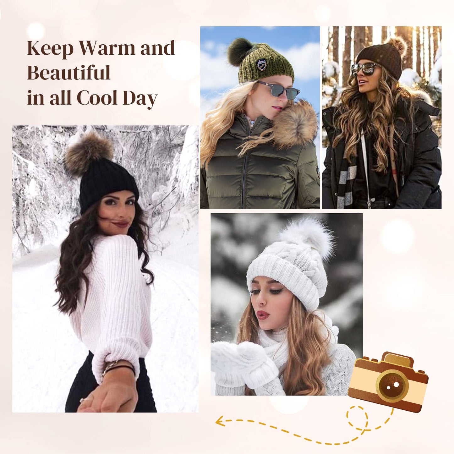 Flufymooz FLmaozi Beanie Wig, Hat Hair Extension Long Wavy White Hat Wig with Faux Fur Pom Hat, wig hat Attached 20 Inch Synthetic Hairpiece for Women Girls Winter (Light Blonde with White Blonde)