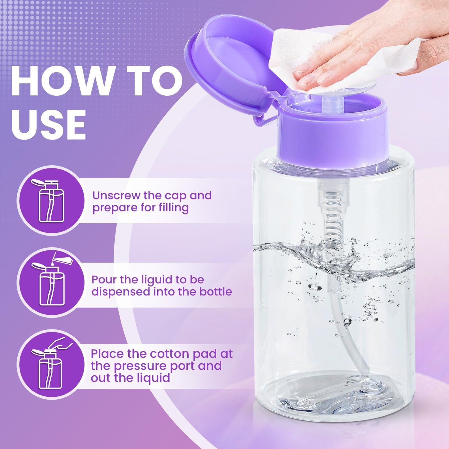 Push Down Pump Dispenser Bottles: Refillable Liquid Containers for Alcohol, Nail Polish Makeup Remover, Salon, Hospital, Travel Use, Purple+Clear