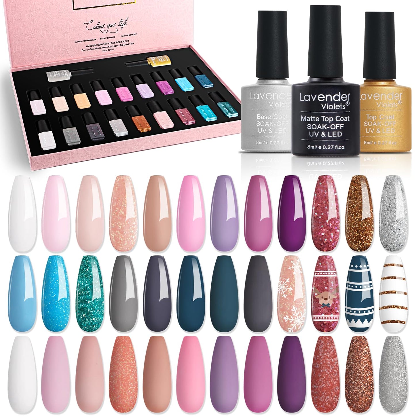 Lavender Violets 49 PCS Gel Nail Polish Set,45 Colors Summer Neon Glow in the Dark Effect with Nail Primer,Builder Base Coat,Glossy,Matte Top Coat Red Jelly Nude Glitter New Year Gifts for Women A950