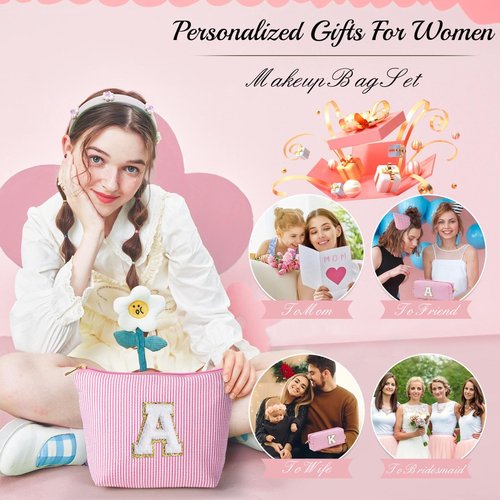 YOOLIFE Cute Gifts Travel Makeup Bag - Pink Makeup Bag Make Up Bags Travel Cosmetic Bags for Women Yoga Picnic Bags Cute Makeup Bag Personalized Best Friend Birthday Gifts for Women Her Monogram V