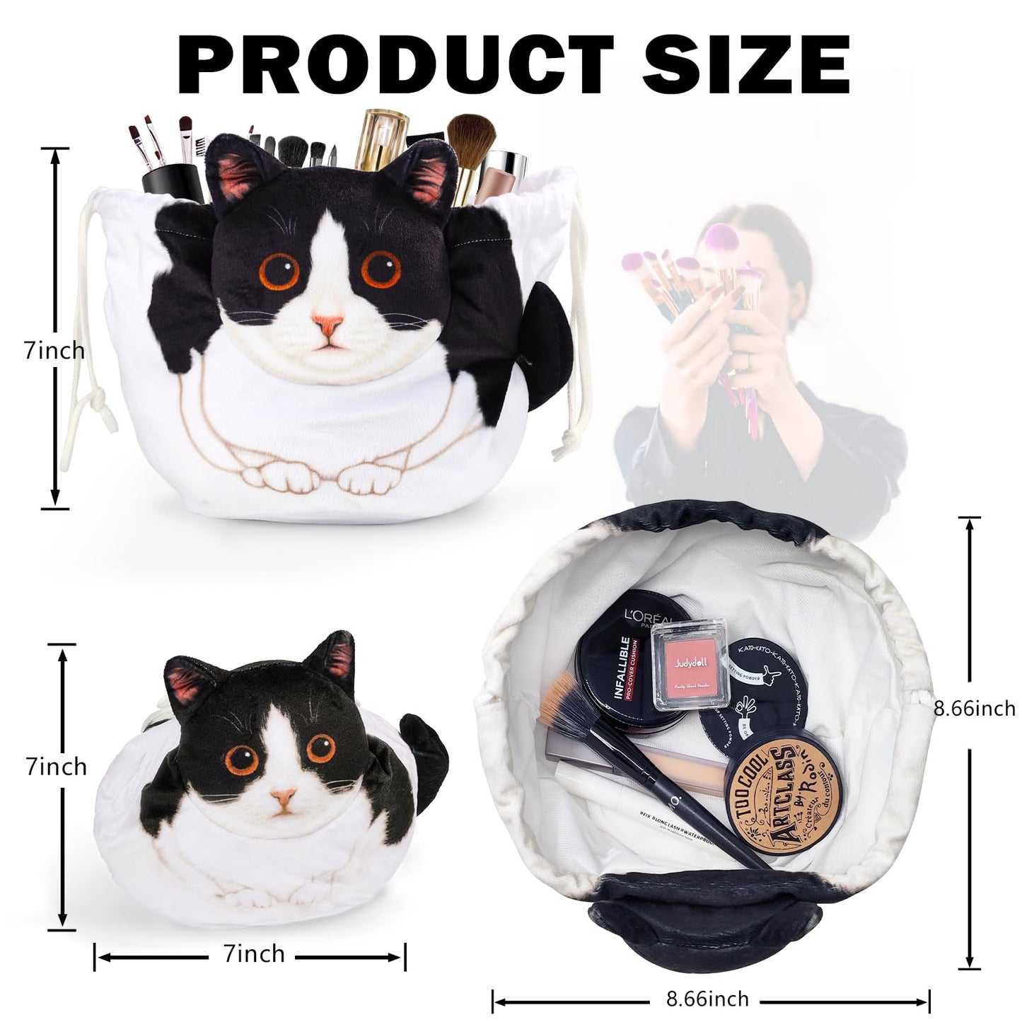 Openhahaha Drawstring Makeup Bag, Cat Makeup Bag, Travel Makeup Organizer, Cosmetic Pouch Bag, Cat Gift for Women, Lay Flat Makeup Bag Gifts for Cat Lovers(2-pack)