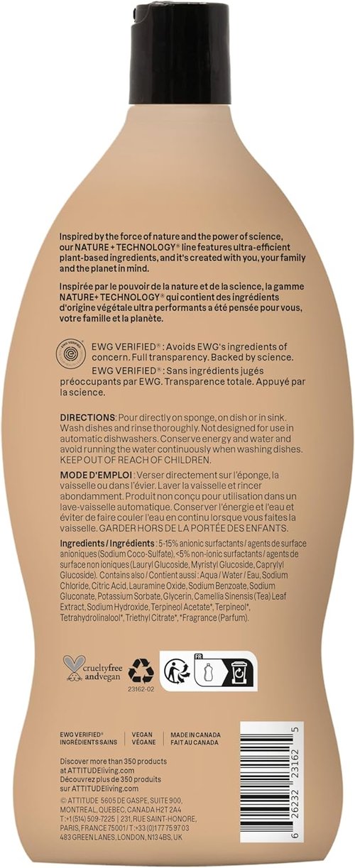 ATTITUDE Dish Soap - EWG Verified Plant-Based Vegan Dishwashing Liquid | Italian Lemon Scent, 24 Fl Oz