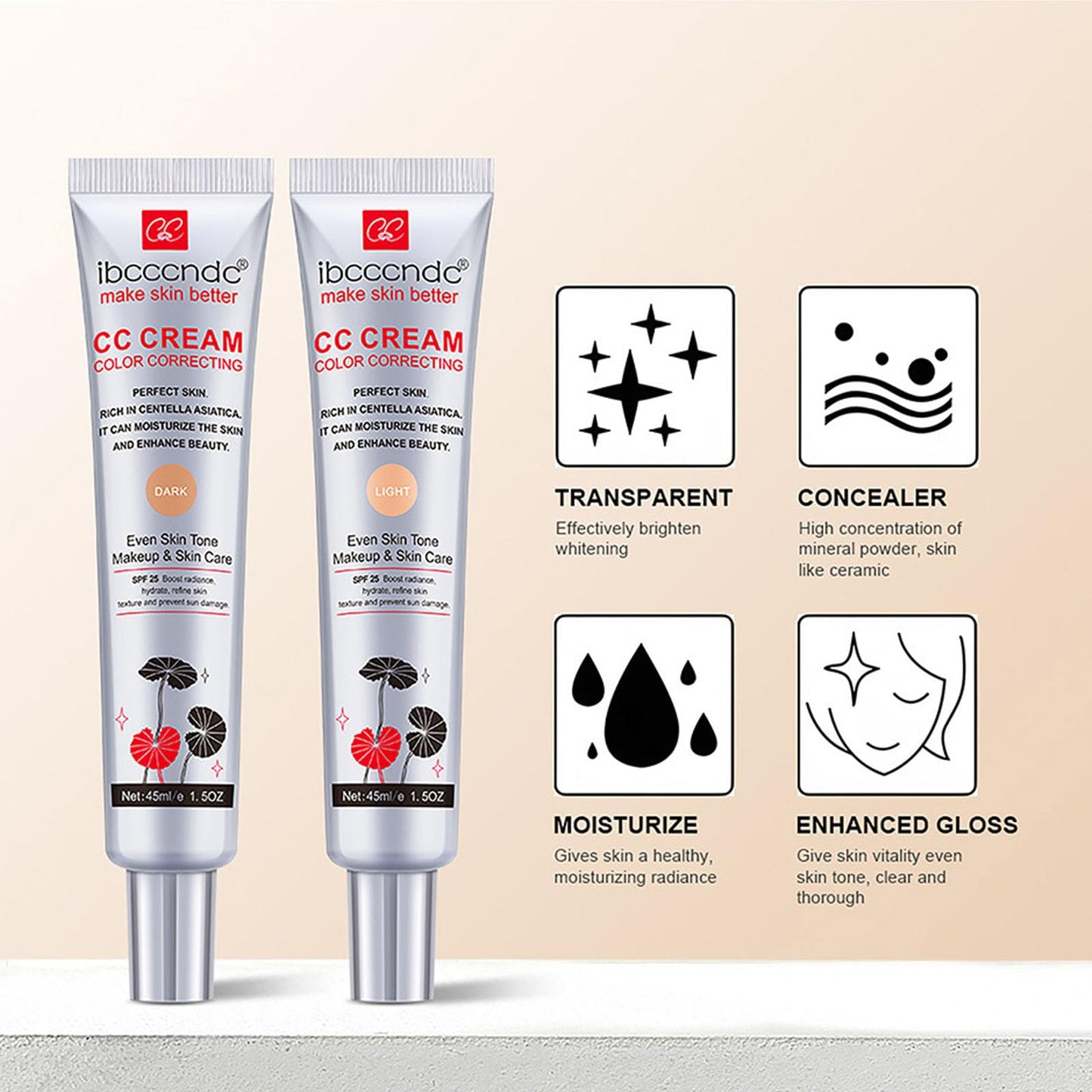 Color Correcting CC Cream,Hydrating CC Cream Foundation with Centella Asiatica Multi-Purpose Pre-makeup Primer Moisturizing Facial Concealer Sunscreen Full-Coverage CC Cream with SPF 25 (02)