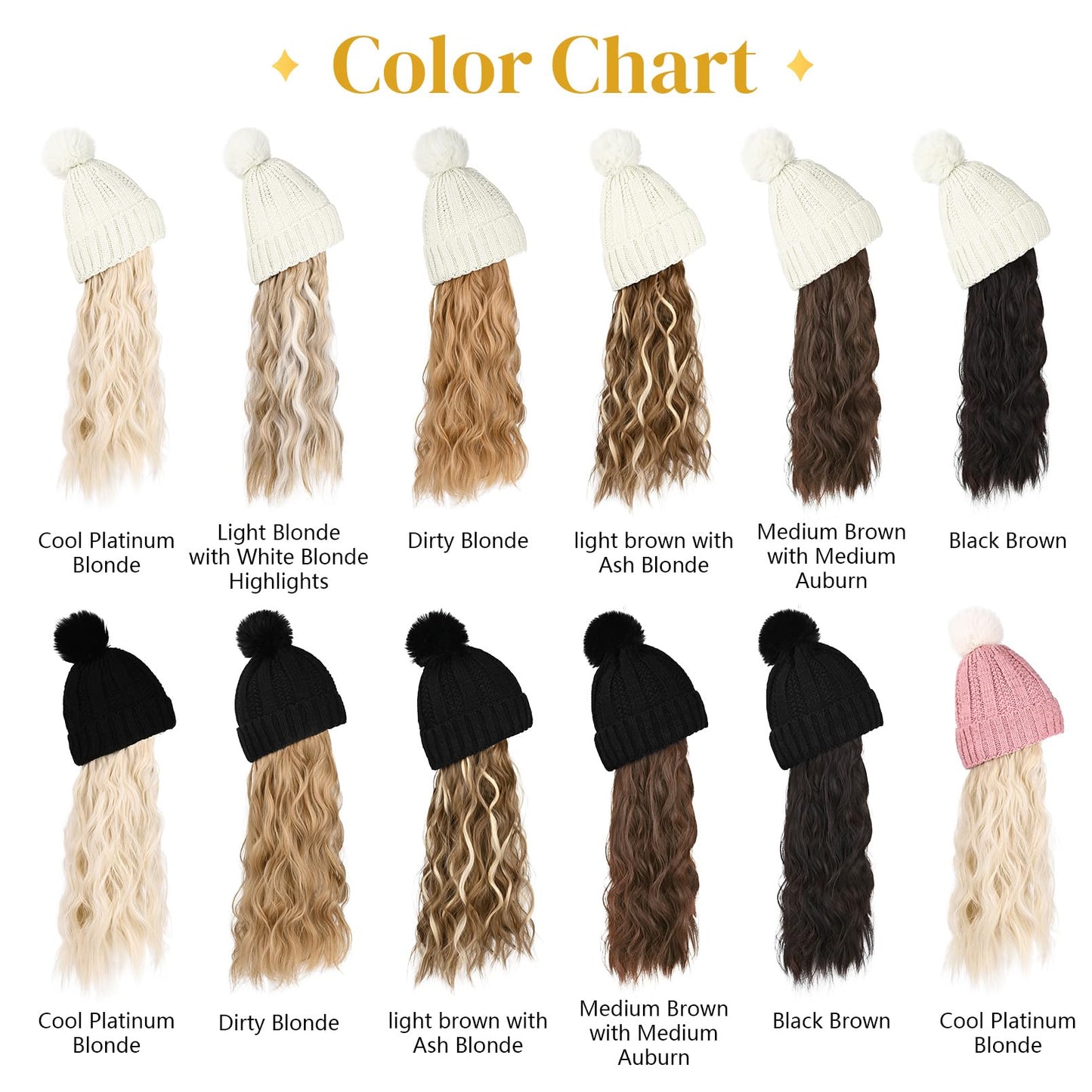 Flufymooz FLmaozi Beanie Wig, Hat Hair Extension Long Wavy White Hat Wig with Faux Fur Pom Hat, wig hat Attached 20 Inch Synthetic Hairpiece for Women Girls Winter (Light Blonde with White Blonde)