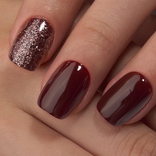 Curvlife 30pcs Press on Nails, Short Square Acrylic Fake Nails with Wine Red Glitte Apricot Design Full Cover False Glossy Nude Artificial for Women