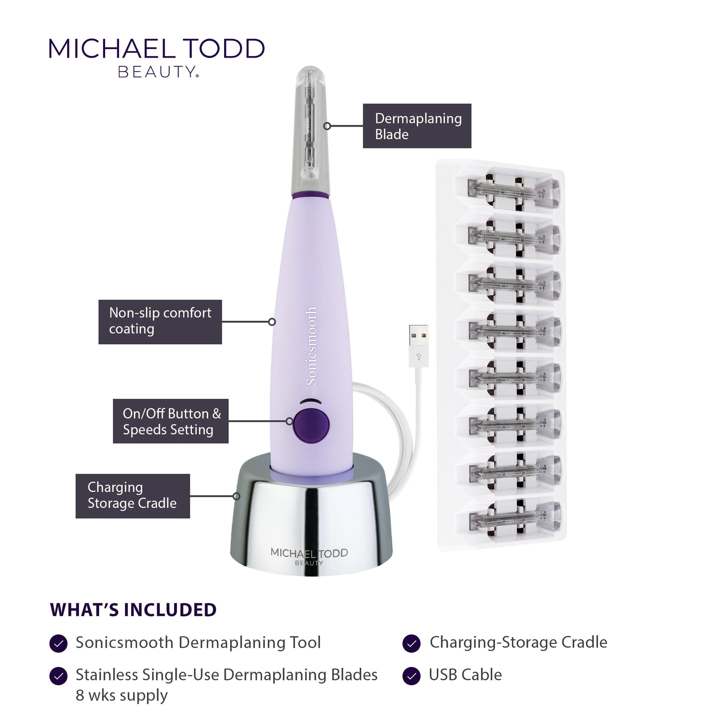 Michael Todd Beauty - Sonicsmooth - Dermaplane Razor for Women Face - SONIC Technology Dermaplaning Tool - 2 in 1 Women’s Facial Exfoliation & Peach Fuzz Hair Removal System- 8 Weeks of Safety Edges