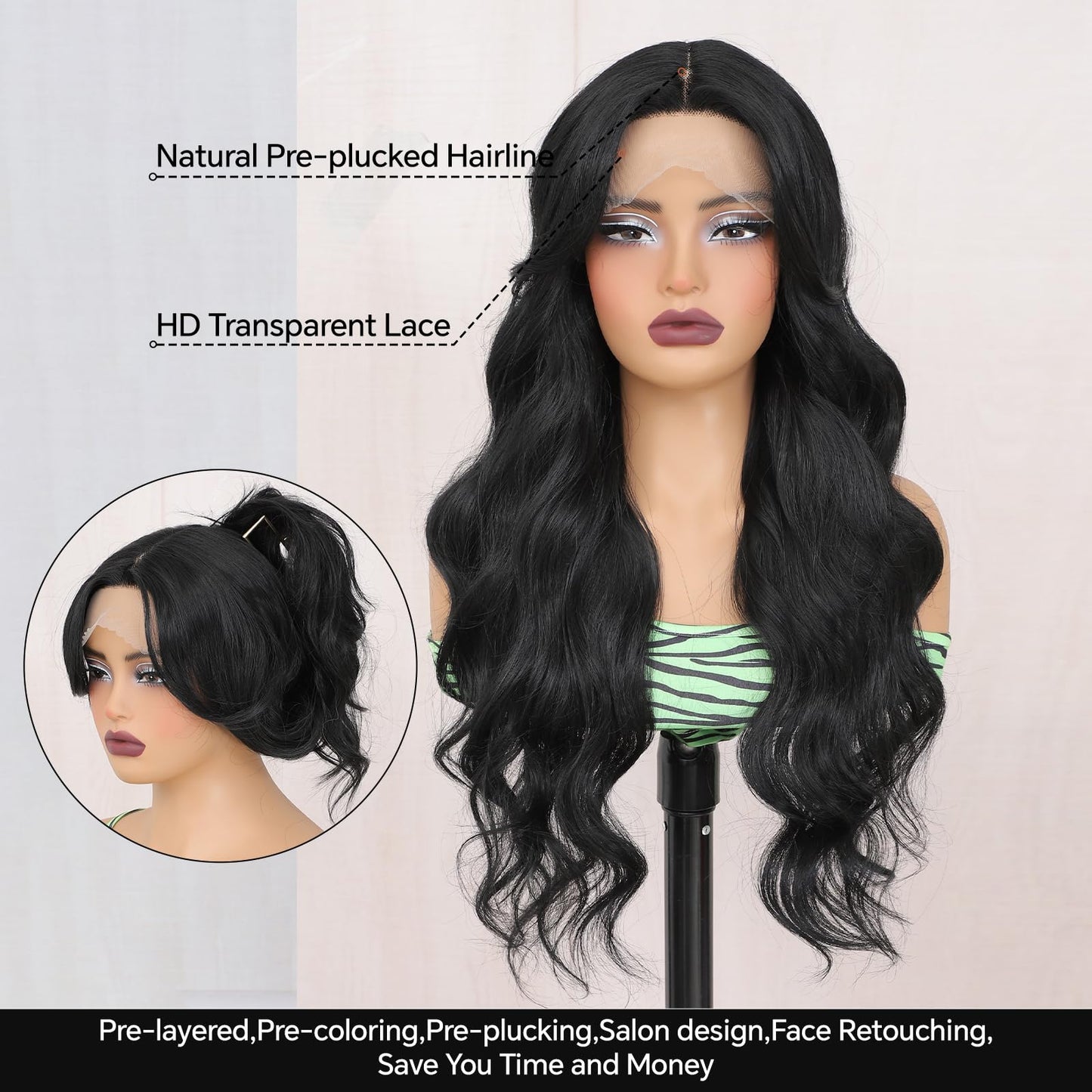 Svolna Lace Front Wig with Bangs Long Wavy Lace Wigs for Women Natural Black Synthetic Middle Part Layered Wavy Front Lace Wigs Fringe 26 Inch (Black)