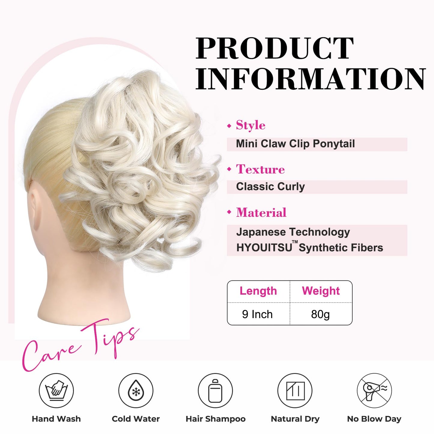 REECHO 9" Short Ponytail Extension, Classic Loose Curly Wavy Claw Clip Pony tails Hair Extensions HP001 Hairpieces for Women - Platinum Blonde