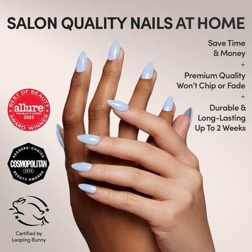 Glamnetic Press On Nails - Blueberry Milk | Solid Opaque Light Blue Short Almond Fake Nails, Salon Quality | 15 Sizes - 30 Nail Kit with Glue