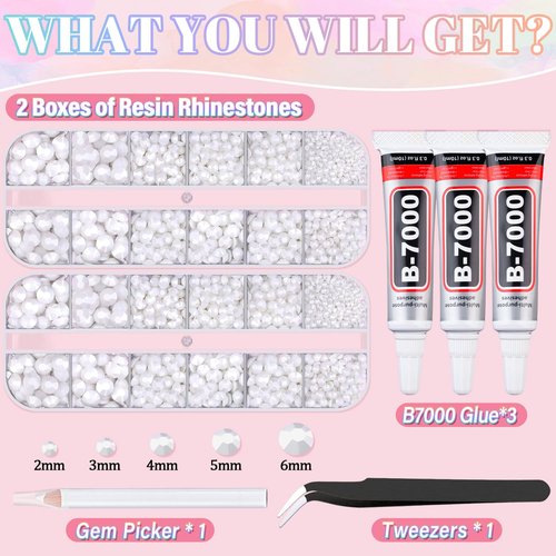 Resin Rhinestones for Crafting with 3Pcs 10ml B7000 Jewelry Glue, 2 Boxes White Flatback Gems Crystals Diamond for Bedazzling Crafts DIY Nail Art Makeup,Gems for Clothing Tumblers Shoes