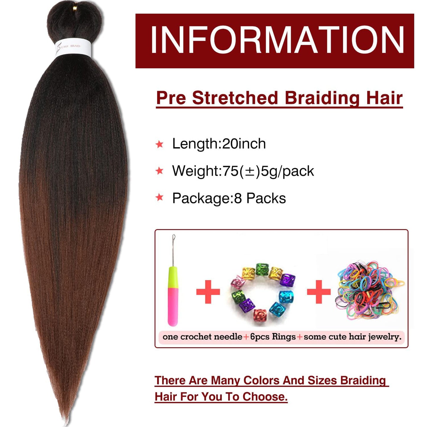 Pre-Stretched Braiding Hair Extension Ombre Natural Black To Brown Crochet Braiding Hair 20 Inch 8 Packs Hot Water Setting Professional Yaki Synthetic Hair For Twist Braids (20Inch,#1B/30)