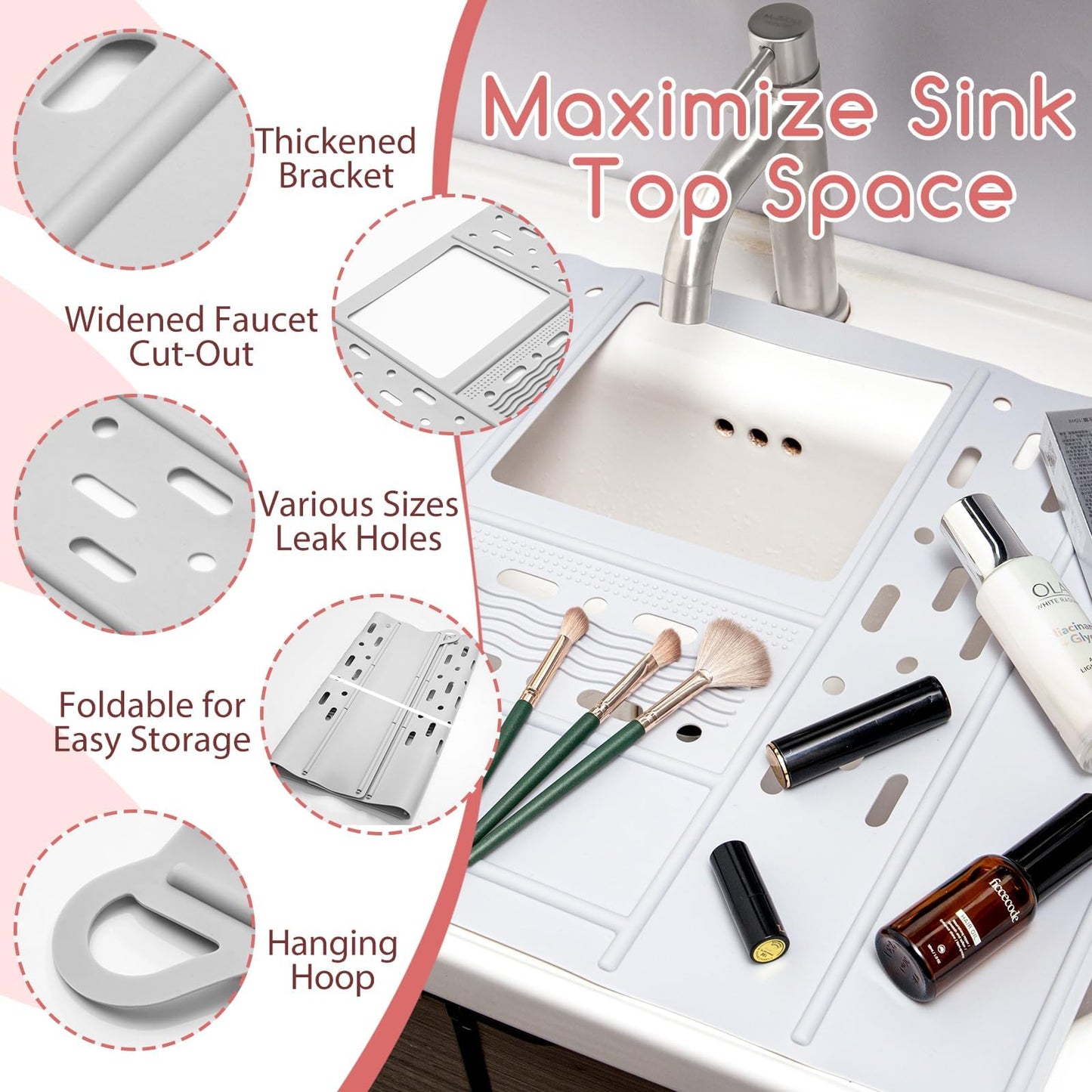iArtker Bathroom Sink Cover, Silicone Beauty Makeup Brush Cleaning Mat, Foldable Space Saver Mat for Countertop, Heat-Resistant Sink Cover for Counter Space