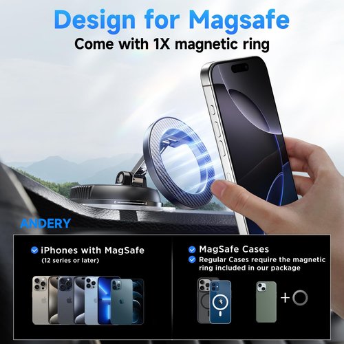 ANDERY Car Phone Holder - MagSafe Compatible | 78+LBS Suction & 2400gf Magnetic | 360° Adjustable for iPhone 17 Pro Max, 16, 15, 14, 13, 12 Plus, Carbon Fiber