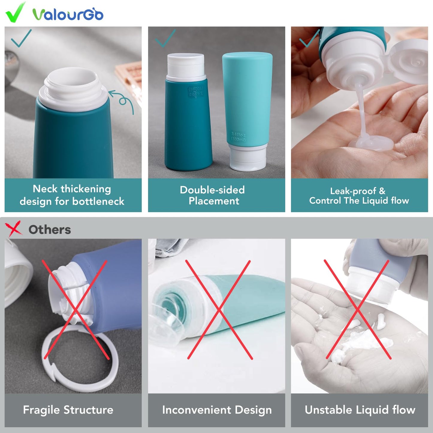 Valourgo Travel Bottles for Toiletries, Tsa Approved 3.4oz Portable Travel Bottles, BPA Free Leak Proof Travel Tubes Refillable Travel Accessories, Travel Accessories with Clear Toiletry Bag, Green