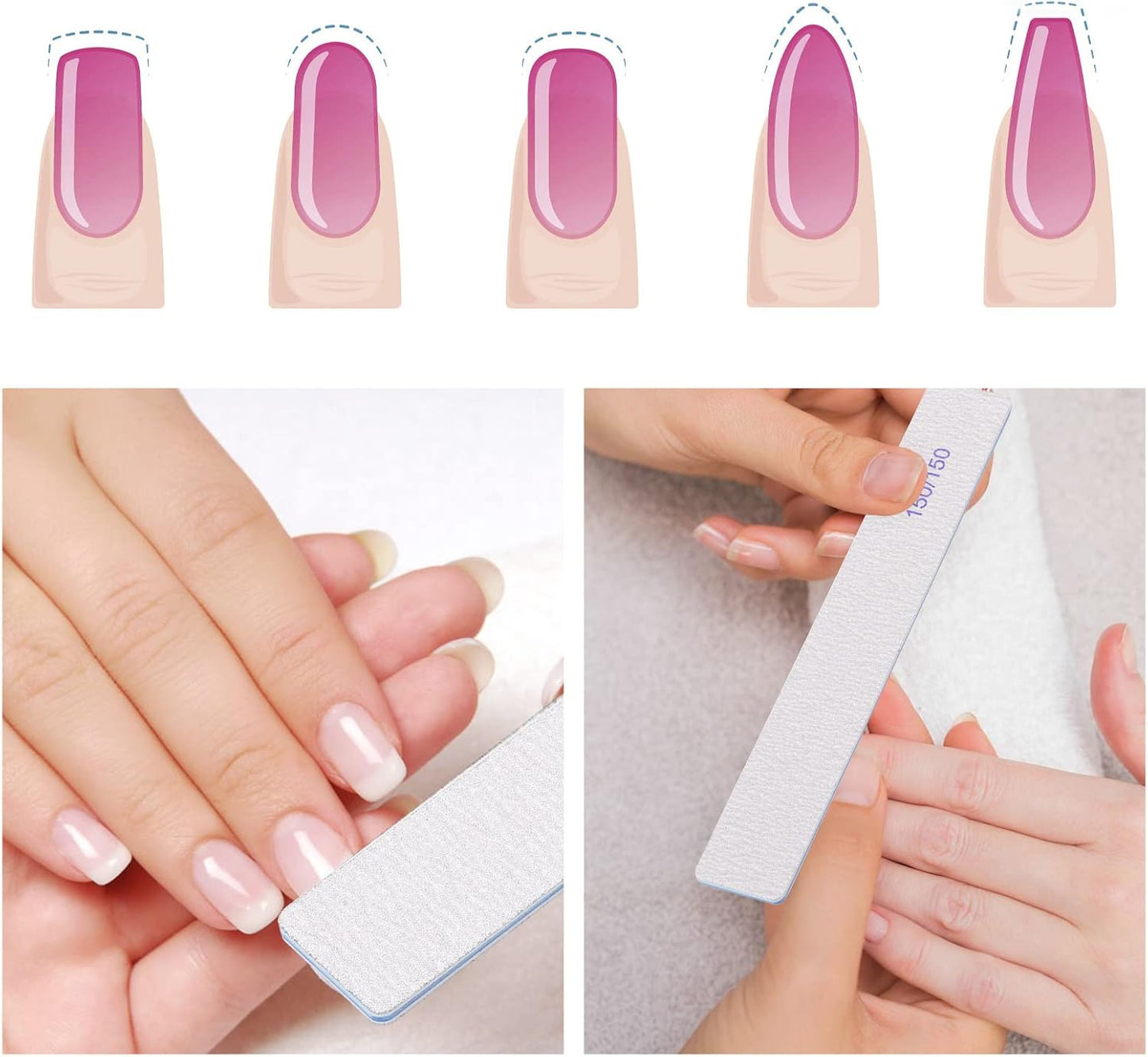 Skiennix 150/150 Grit Rectangle Nail Files - 50 Reusable Double-Sided Emery Boards for Acrylic Nails