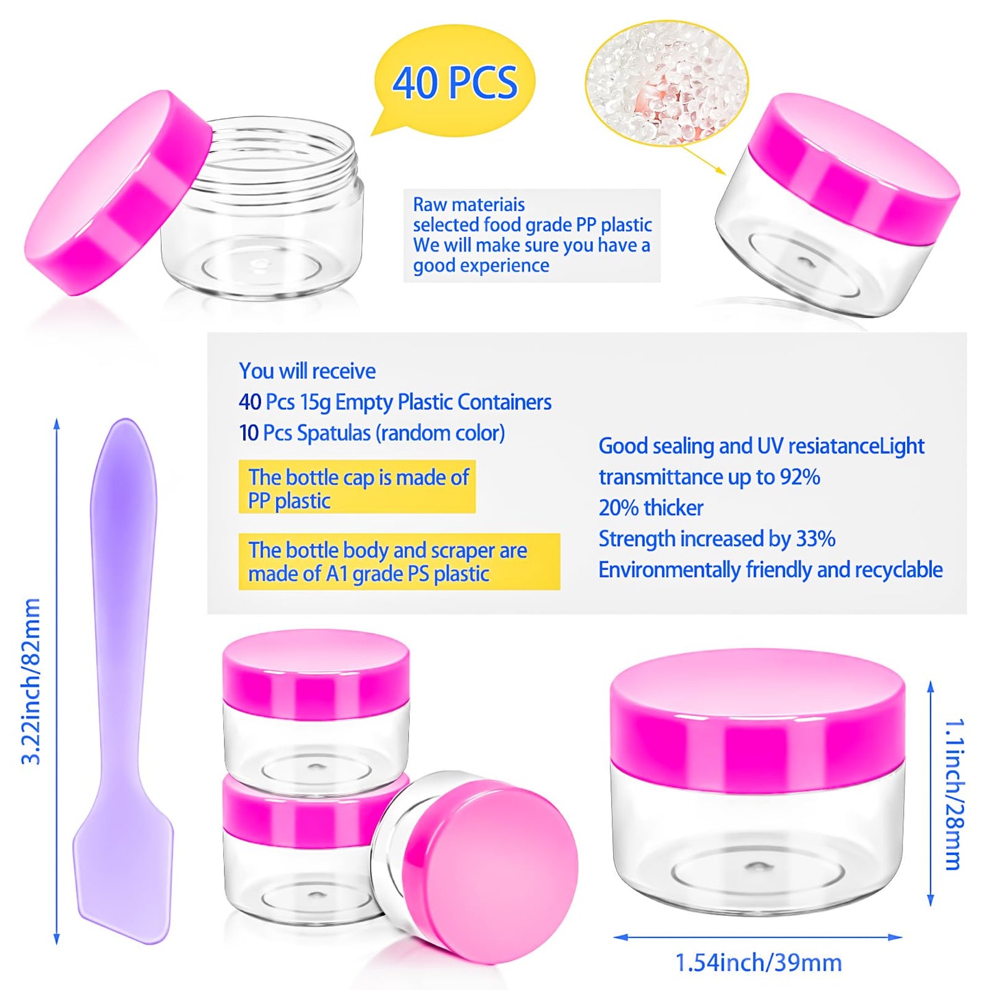 MotBach 40Pack 15g Small Plastic Cosmetic Containers with Lids, 15gram Plastic Makeup Containers Jars with Spatulas, 15ml Sample Jars Travel Size Containers for Toiletries Lip Balm Cream Slime Lotion