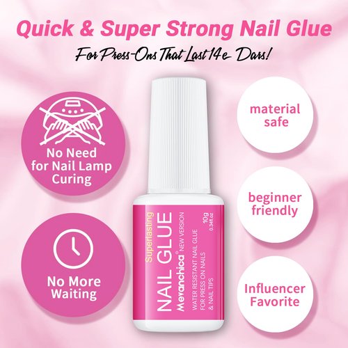 Mevanchica Super Strong Nail Glue, Nail Tips & Acrylic Fingernails Brush Tip Applicator for Press On Nails, Extra Strong Long Lasting for False Nails