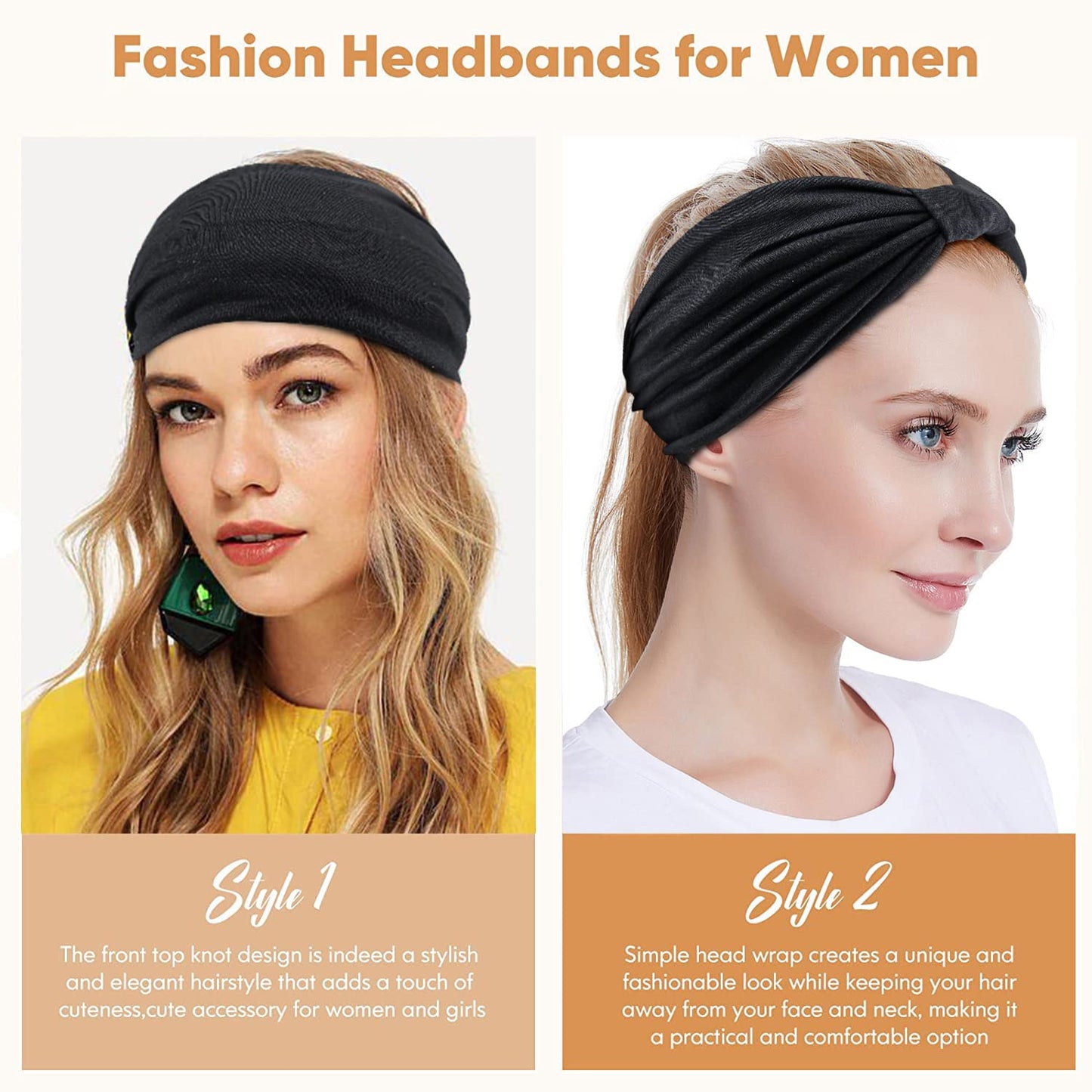 Yeshan Women's Wide Boho Knotted Non-Slip Turban Headwraps - Stretchy Bandeau Hair Bands for Sports, Yoga, Workouts, Pack of 8