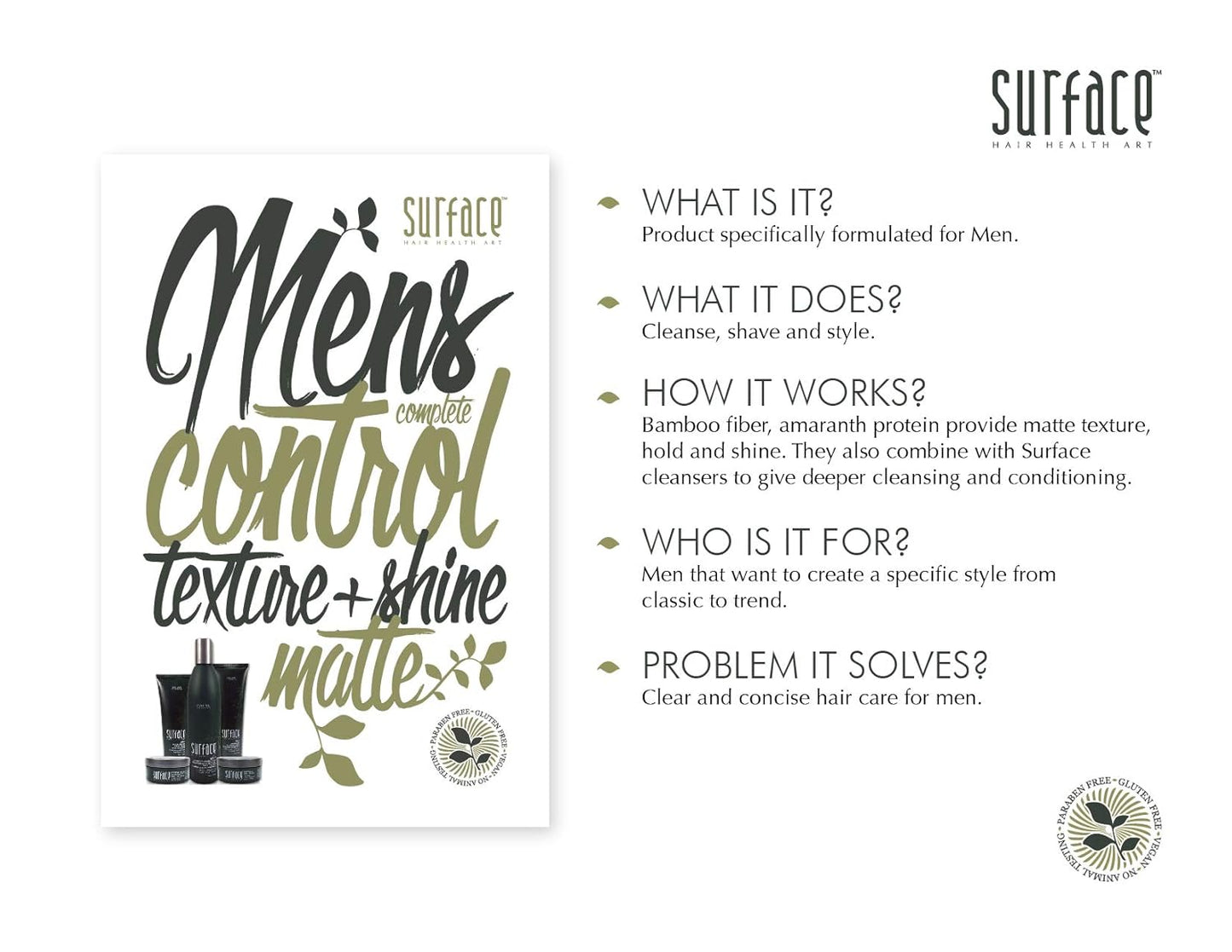 SURFACE Hair Men Styling Mud - Flexible Hold with Flax & Bamboo for Matte Finish - 2.25 oz