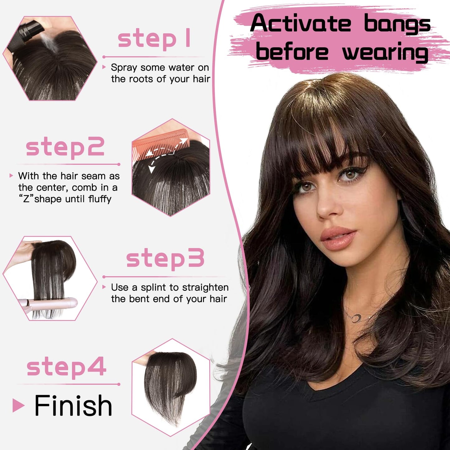 MORICA Bangs Hair Clip, 360° 3D Cover Clip in Bangs 100% Real Human Hair Toppers with Bangs,Hair pieces Clip on Bangs for Women Fake Bangs for Daily Wear (Brown Black, 5×7 3D Bangs)