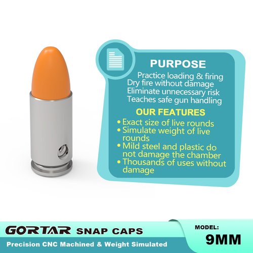 GORTAR 9mm Snap Caps Training Dummy Rounds Practice Safe Loading Firing Close to Real Weight Targets & Accessories -12 Pcs