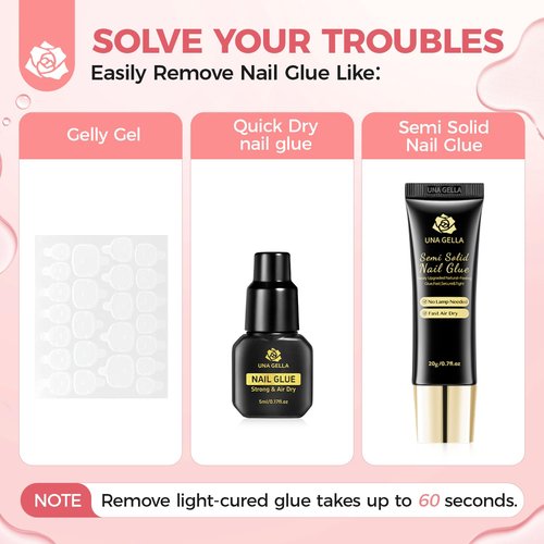 UNA GELLA Press On Nail Glue Remover Built-in-crowbar 30ML Acetone-Free Gentle Soak Off Gel Nail Glue Polish Remover for Nail Tip Adhesive Glue Easily Home DIY Not for U/V Nail Polish