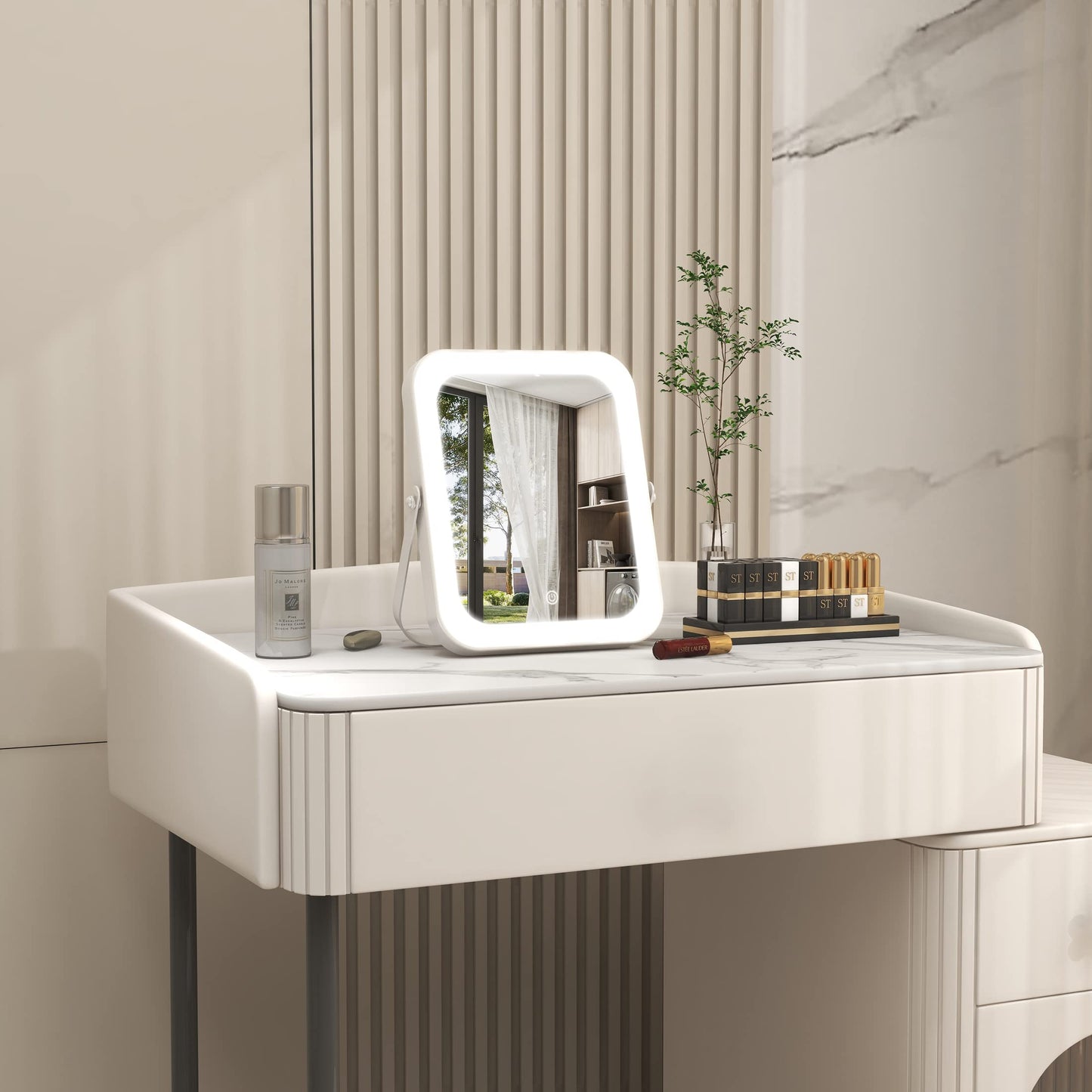 ROLOVE 8"x10" Lighted Vanity Mirror, Makeup Mirror with Light, Dimmable Touch Screen, Portable Travel Mirror with U-Shaped Bracket, Cosmetic Mirror with Lights for Makeup Desk & Dressing Room