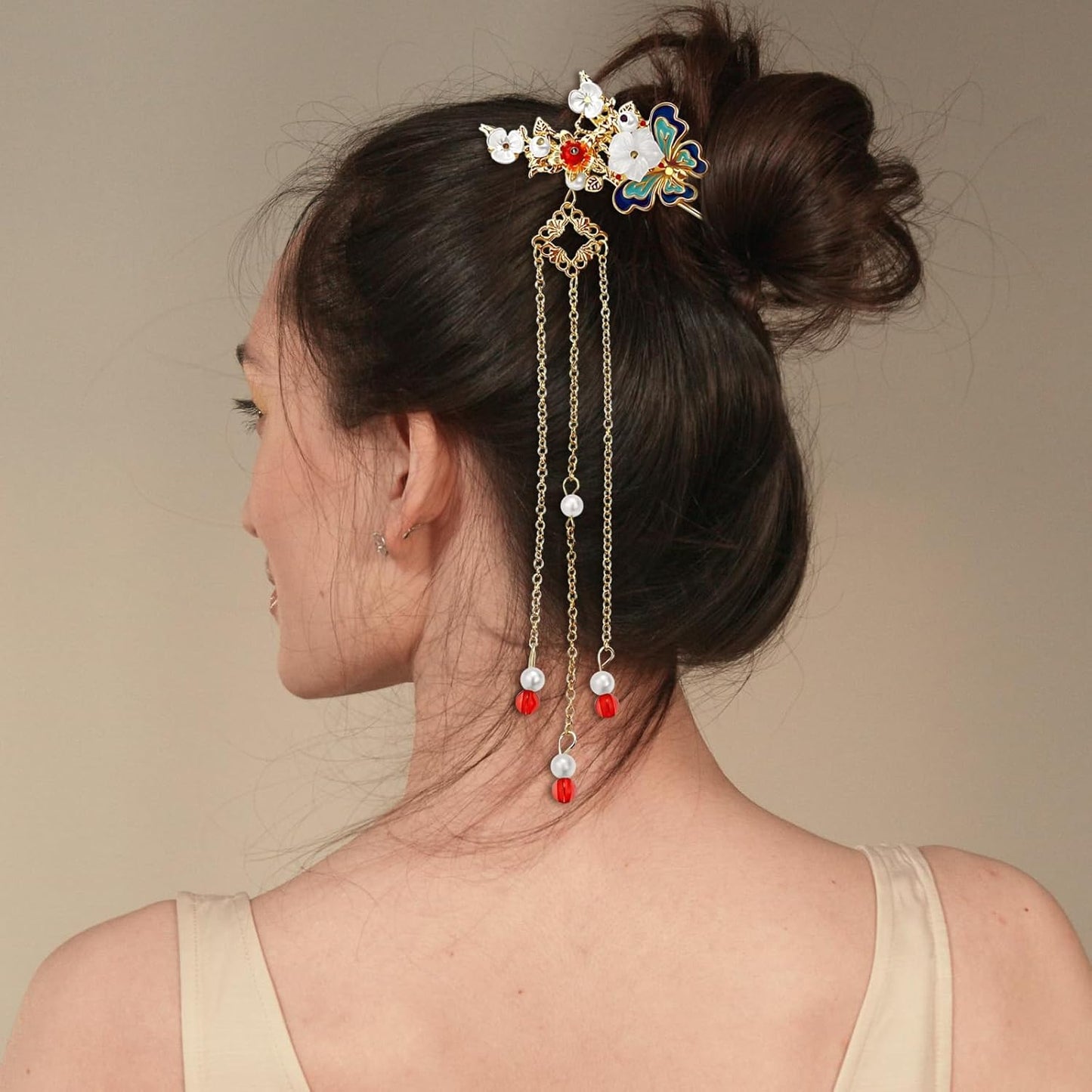 5 Pcs Flower Chinese Tassel Hair Stick Crystal Pearl Hanfu Hair Pins Classical Floral Bride Wedding Accessories for Women