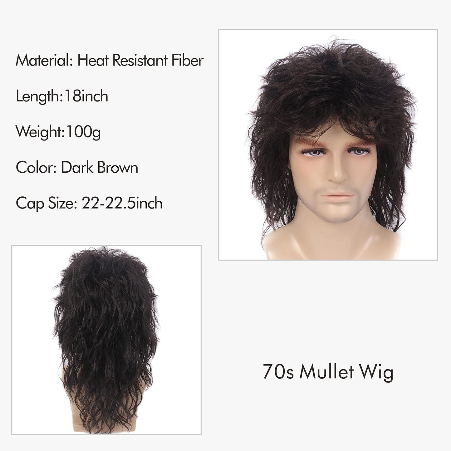 MEDISIFA Mullet 70s 80s Wig with Bangs Dark Brown Long Disco Hair Curly Men Wigs for Mens Man Male Hippie Rocking 80s Them Party Cosplay Costume Anime Heat Resistant Synthetic Hair Wig 70's Wig