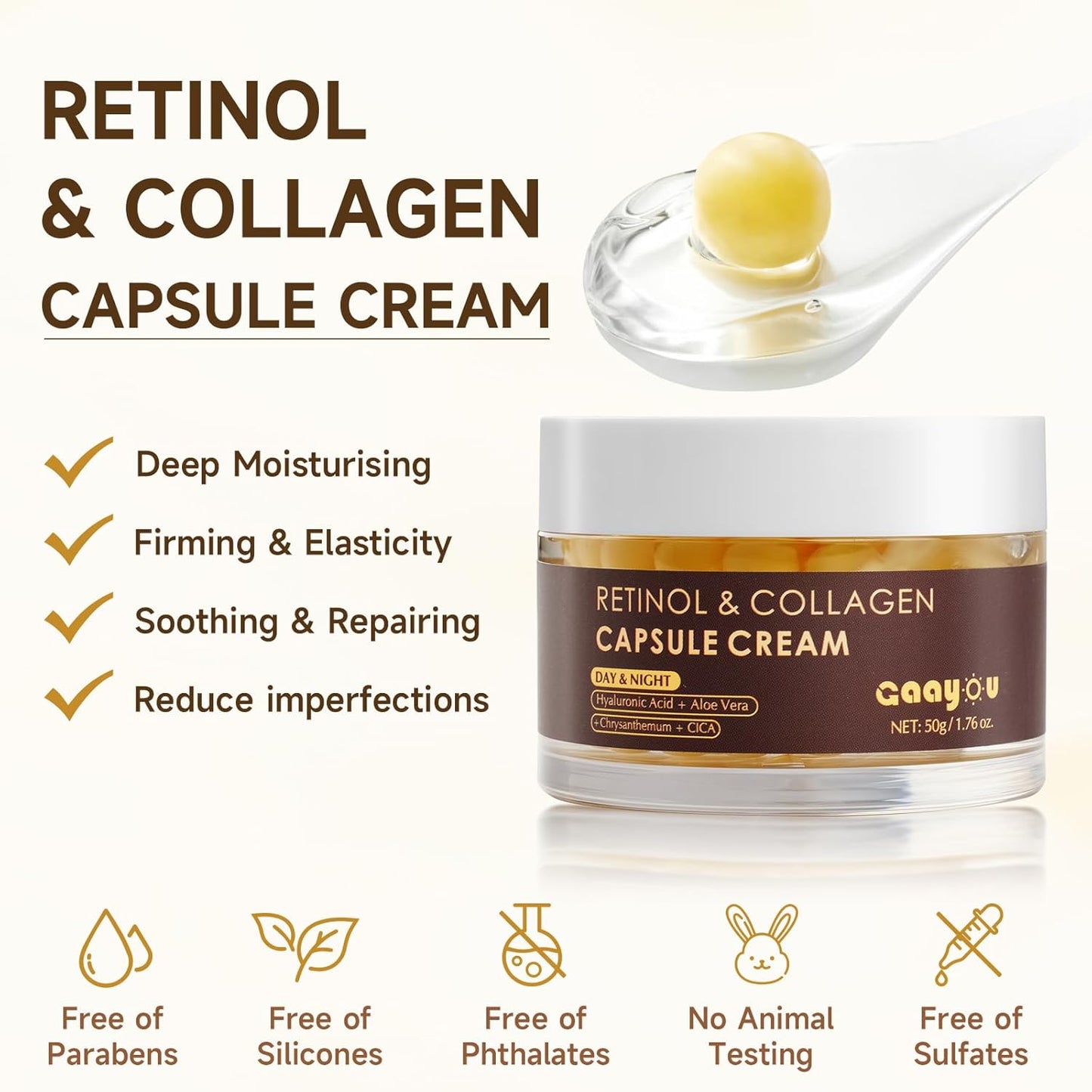 Skiennix Deep Retinol Collagen Capsule Cream - Anti-Aging Face Moisturizer with Hyaluronic Acid | Golden Capsules for All Skin Types