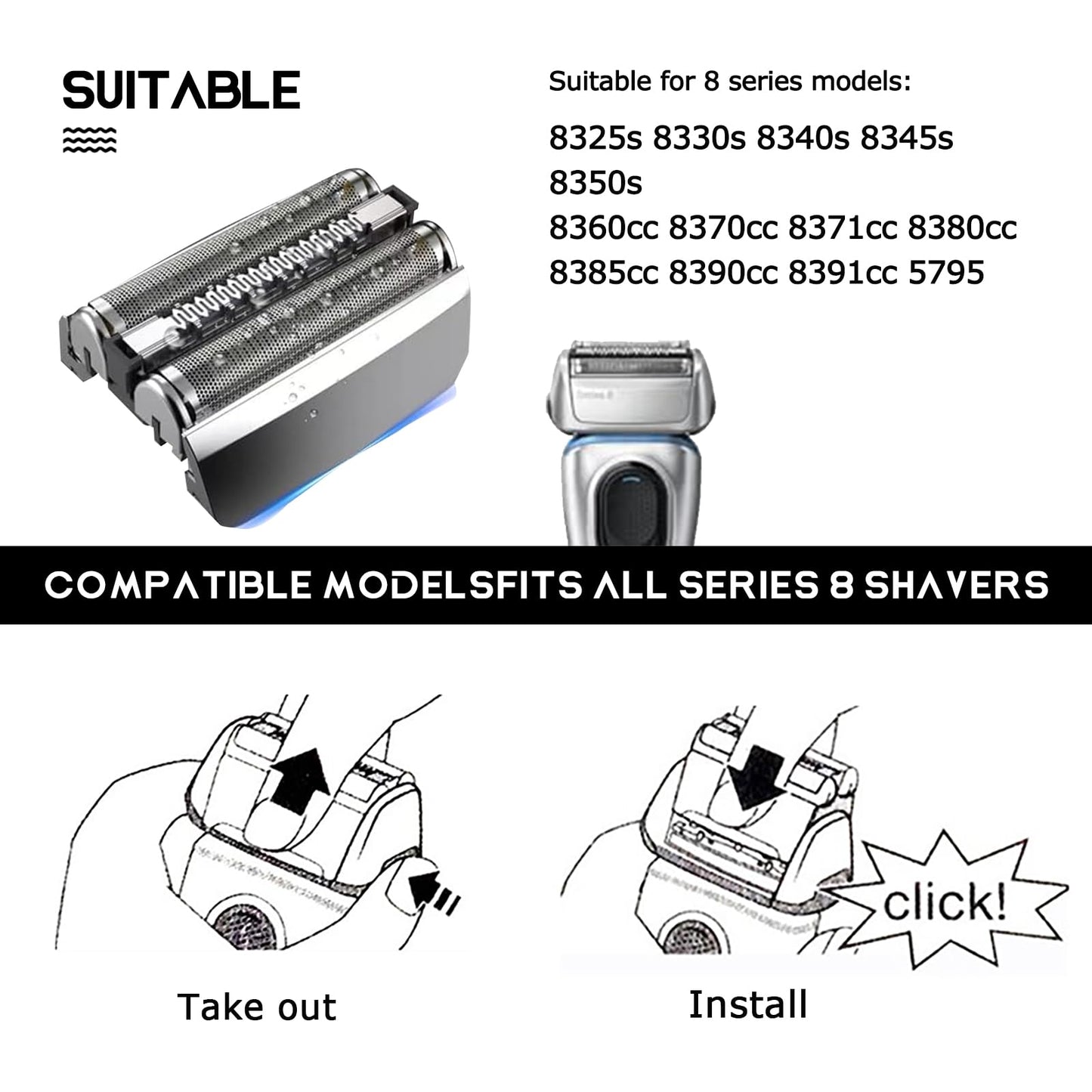 83M Series 8 Replacement Head Compatible with Braun S8 Replacement Head Wet and Dry,Upgrade Foil & Cutter for Braun Series 8 Replacement Head Electric Razor Blades Model 8370cc 8340s 8350s 8467