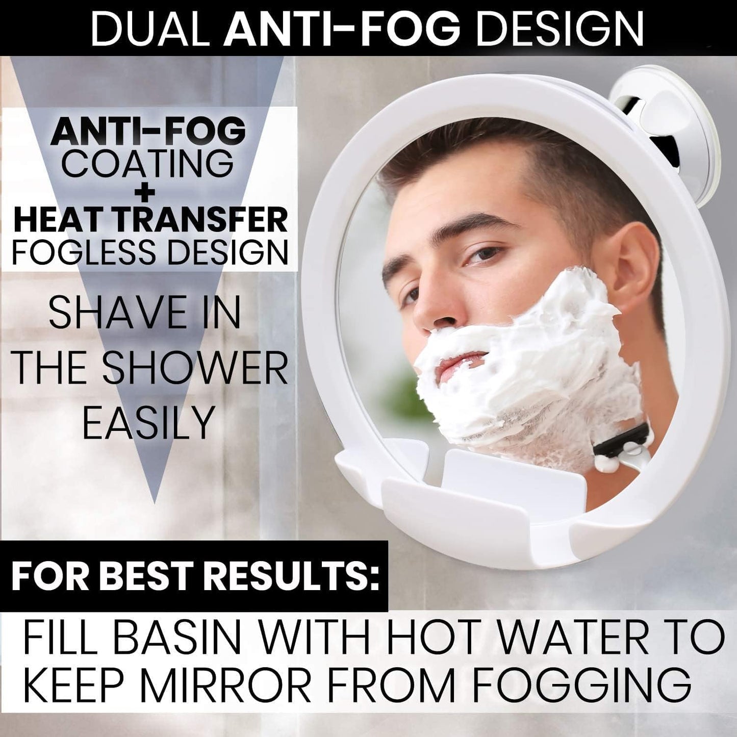 MIRRORVANA Fogless Shower Mirror for Shaving with Razor Holder, Upgraded 360° Swivel Suction and Anti Fog Shatterproof Surface (White)