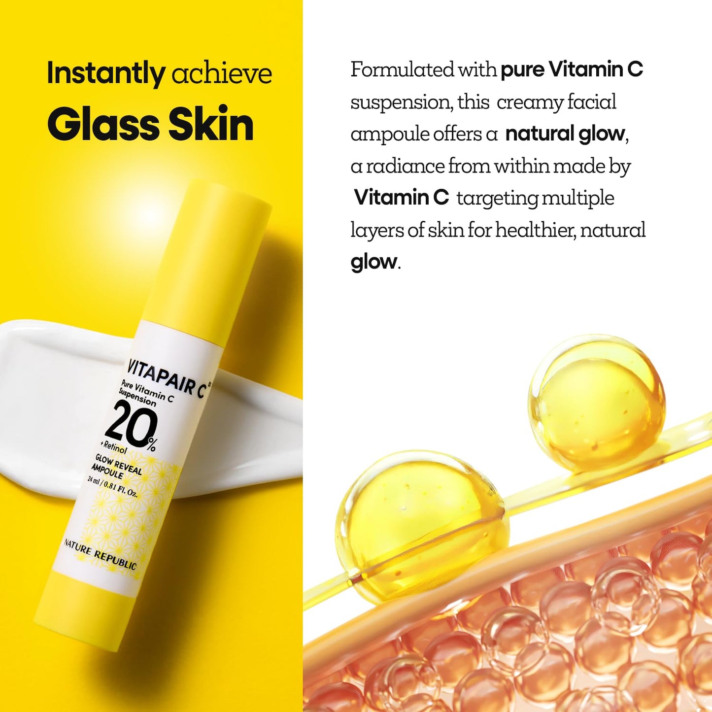 Nature Republic Vitapair C glow Reveal Ampoule, Niacinamide,Retinol, Panthenol, Citrus Lemon Fruit Extract, Vitamin C Ampoule, Glow Skin, Korean Skin Care 24ml / 0.81 fl oz